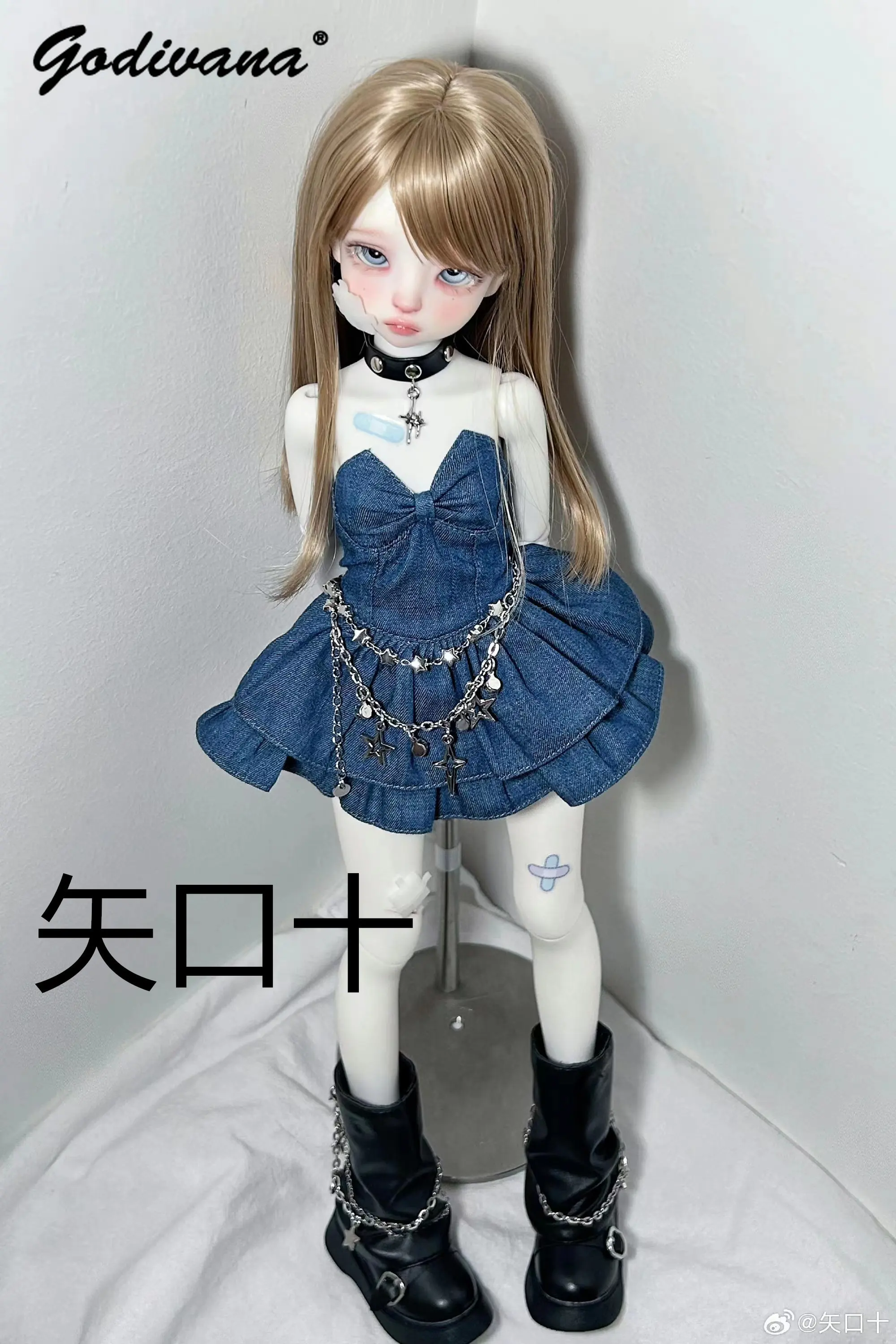 Cool Street‑Style Y2K 1/4 BJD Doll Dress Blue Denim Strapless Gown Star Pendant Chain Ruffled Layered Mini Skirt Doll Costume