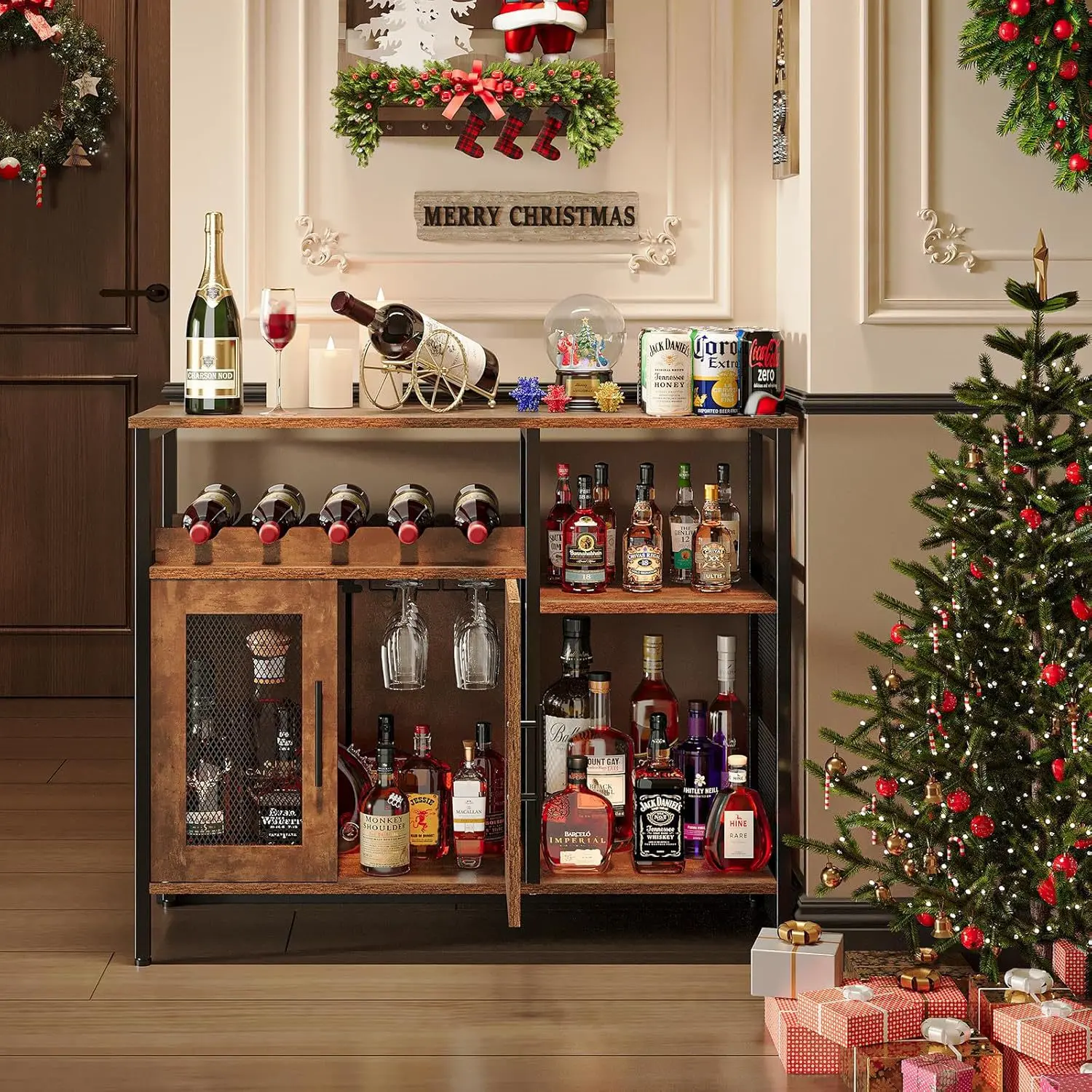

Retro color solid wood wine cabinet restaurant bar display stand red wine collection cabinet large capacity wine cabinet