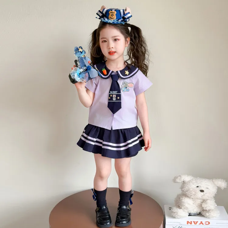 

Girls' Preppy Style Rabbit Police Uniform Two-Piece Set Summer Cotton JK Skirt Outfit Baby Soft Long Sleeve Princess Dress