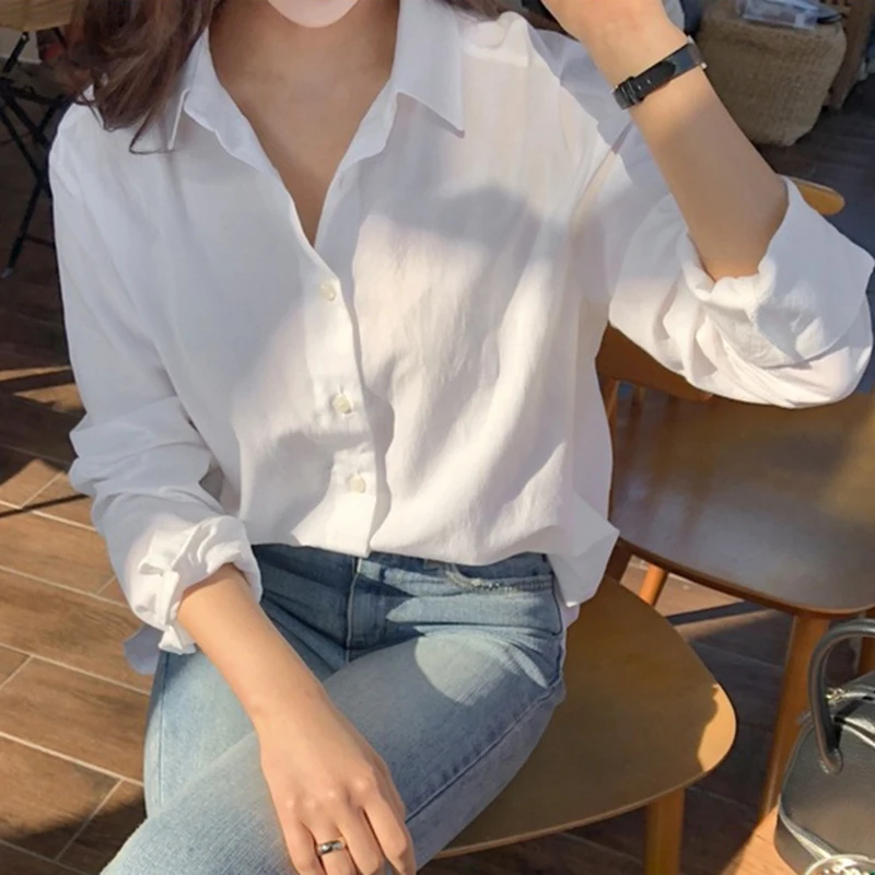 Rimocy Korean Turn Down Collar White Blouse Women 2022 Summer Single Breasted Office Shirts Woman Long Sleeve Blusas Mujer S-2XL