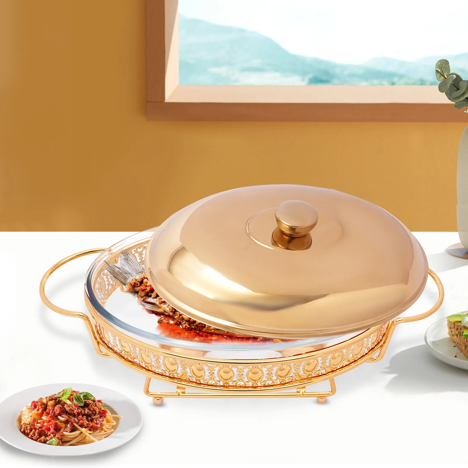 

Роскошный золотой набор тарелок емкостью 2,11 карата, нержавеющая сталь и боросиликатное стекло, идеально подходит для семейных встреч и банкетов