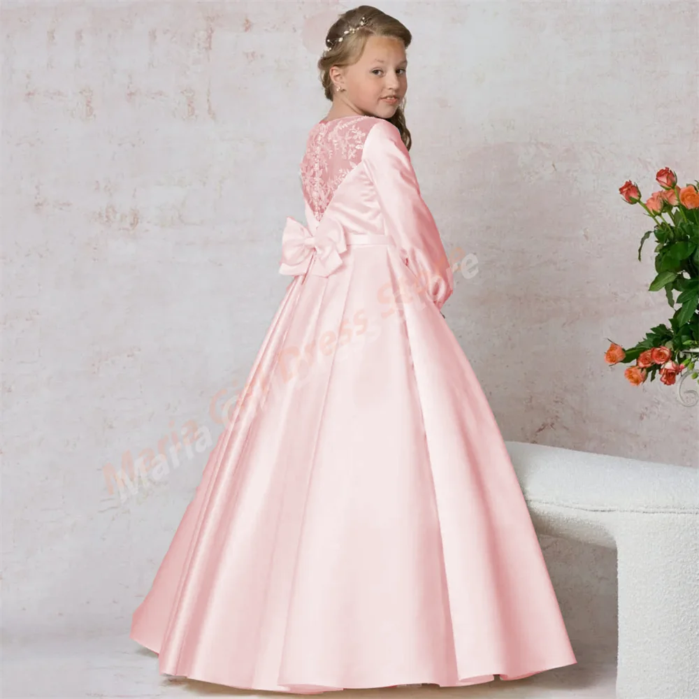 White Satin Flower Girl Dress Appliques Bow Long Sleeve for Wedding Birthday First Communion Banquet Holy Communion Gown
