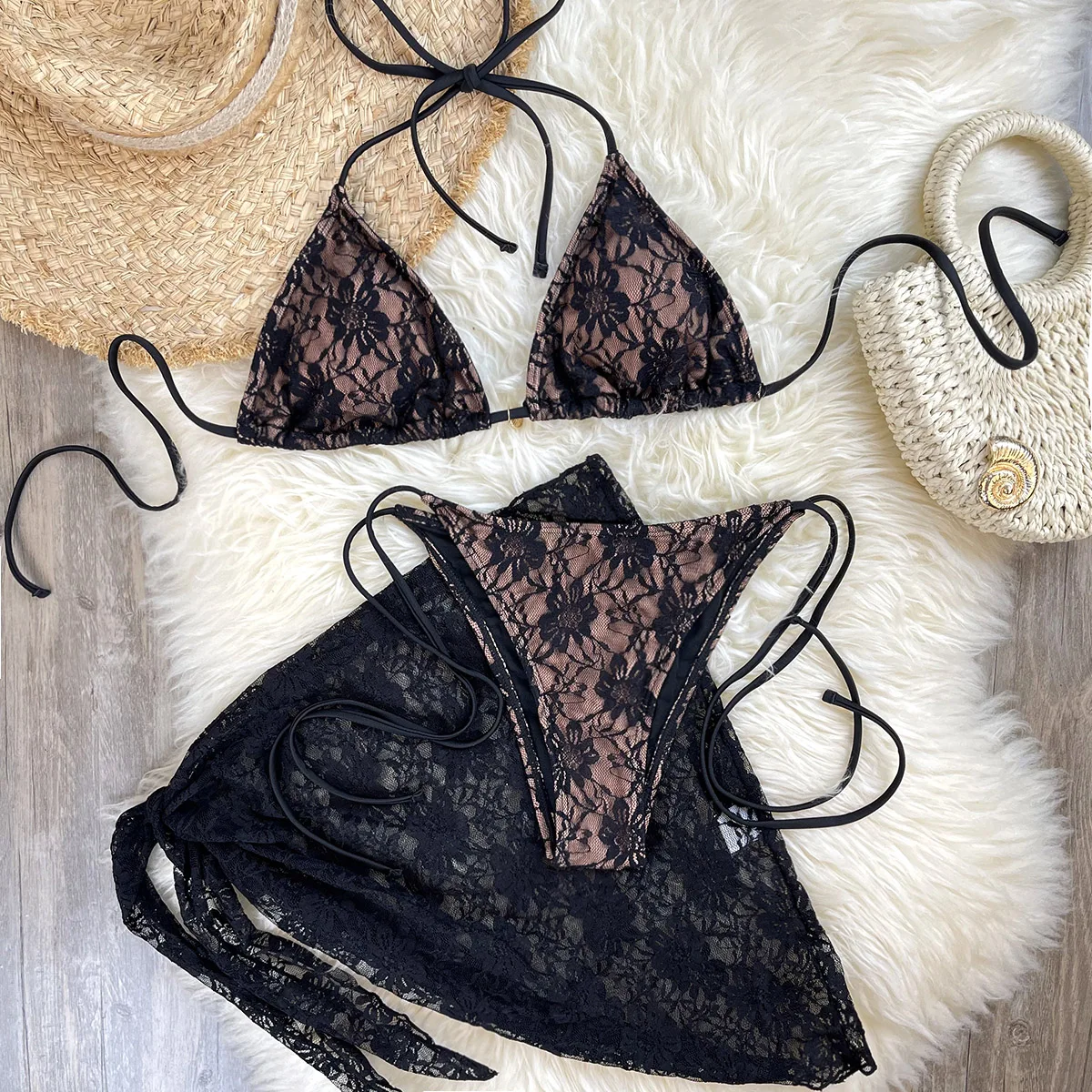 Lace Fabric Three-pieces Swimsuit Set With Sarong Bikini Inspired Women's Swimwear Beachwear Bathing Suit Vacay Outfit Biquini