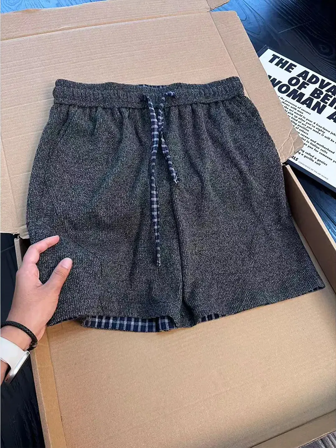 Deep Grey Plaid Spliced Knitted Shorts Men's Summer Thin Straight Sport Pants Cool Breathable Four-Five Shorts Loose Fit