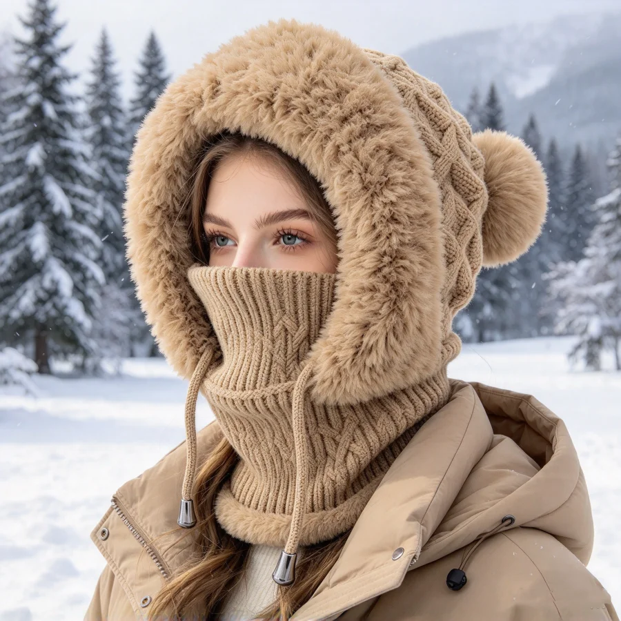 Women's All-In-One Face-Protecting Knitted Winter Hat with Fleece Lining for Ear and Neck Protection, Winter Outdoor Skiing Warm Plush-Edged One-Piece Neck Warmer Knitted Hat