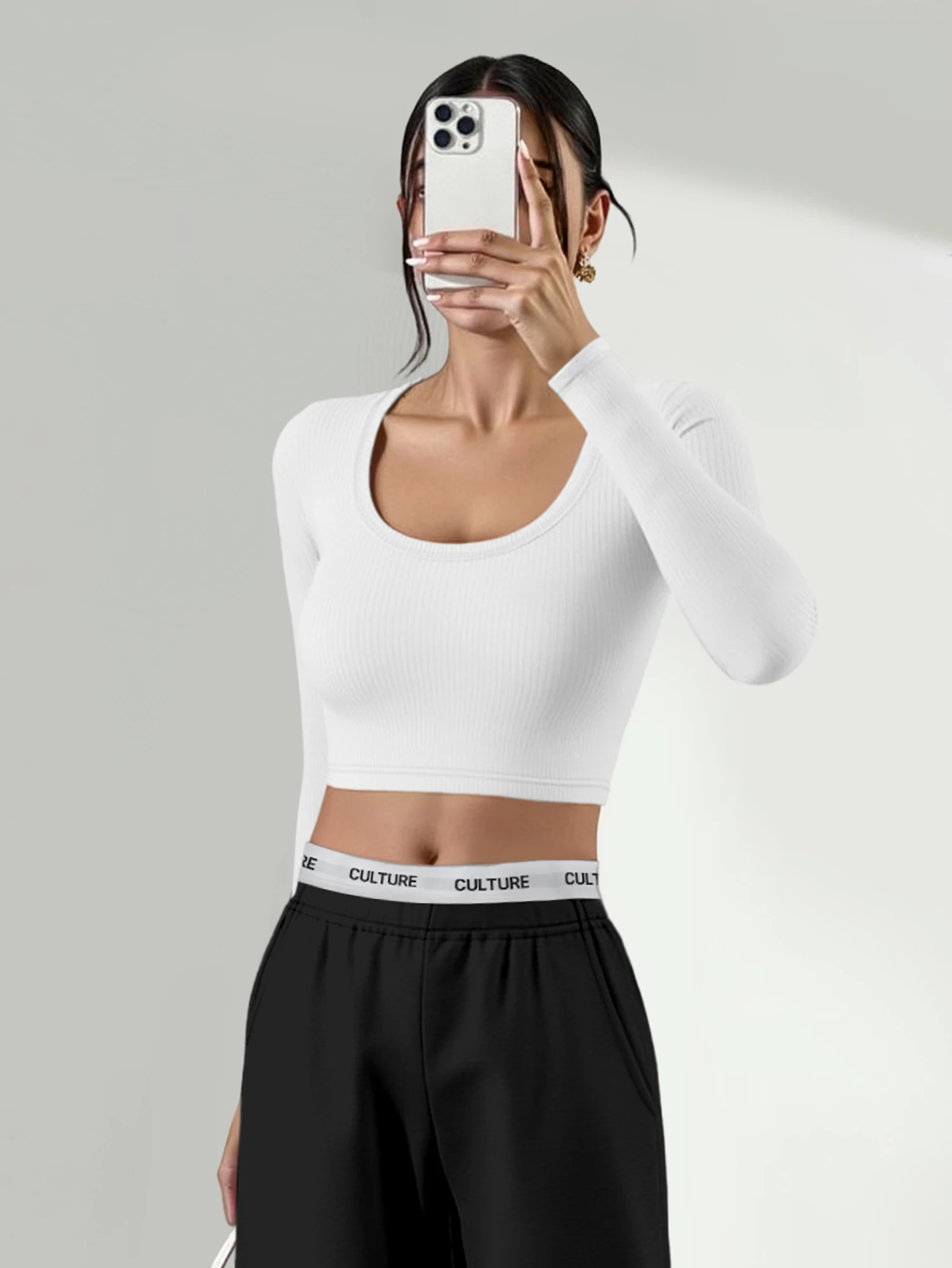 Y2K Retro Slimming Ribbed Cropped Blouse Women Big U Neck Long Sleeve Elastic Knit Club Party Tops