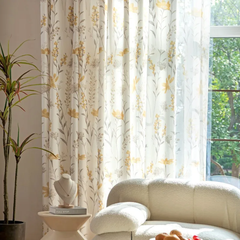 Romantic Korean-American Pastoral Blackout Cotton and Linen Bedroom and Living Room Floor-to-ceiling Windows Curtain Elegant