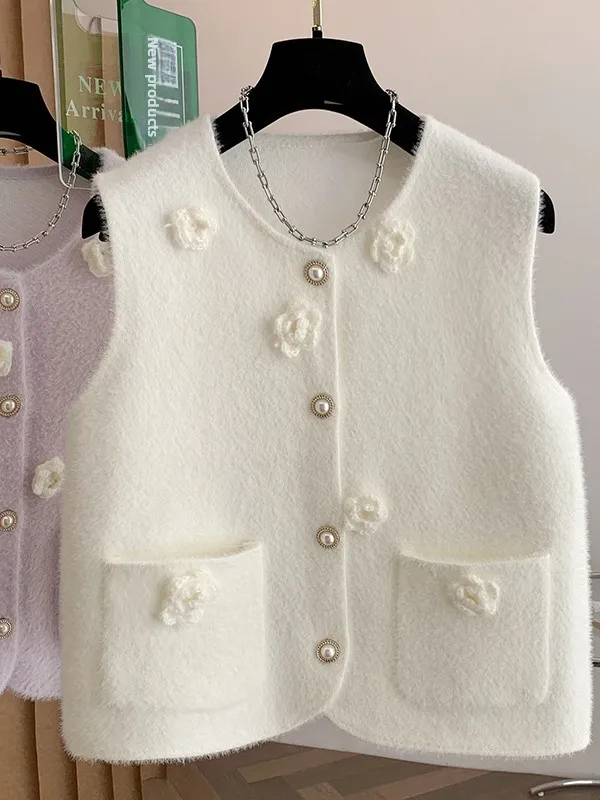 Colete de malha oversized feminino casual sle v-ne scela gola de pele sintética bule corte-etiqueta colion cor flor 3d