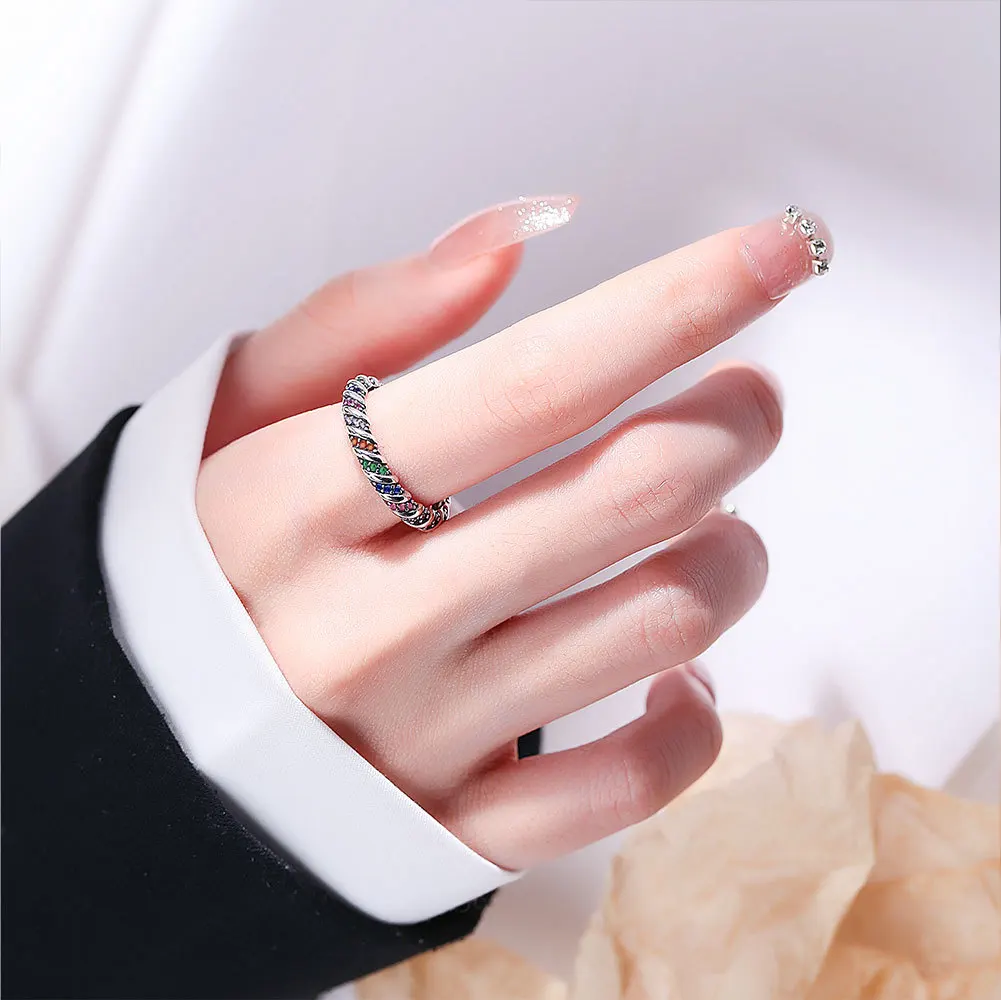 New Arrival Elegant Colorful Crystal Twist Cross Design Thai Silver Female Finger Open Ring Jewelry For Women Never Fade