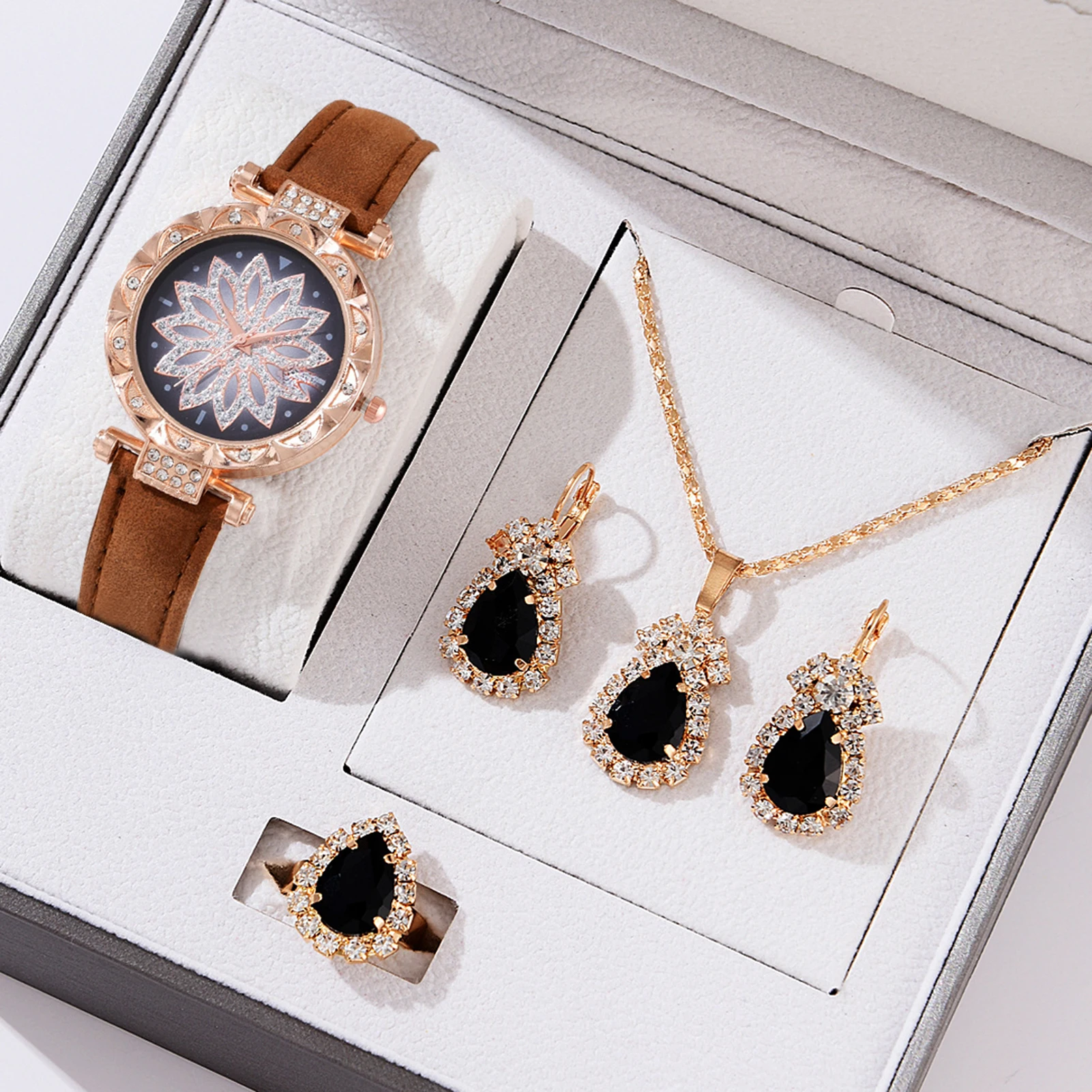 Women's Quartz Watch Set Crystal Diamond Earring Pendant Necklace with Watch for Valentine's Day Christmas Gift