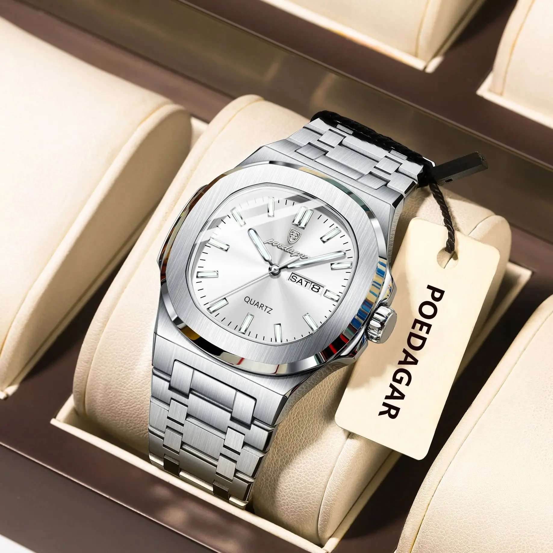 POEDAGAR Trendy Square Men's Watches Waterproof Luminous Date Week Man Clock Stainless Steel Exquisite Quartz Men Wristwatch+Box