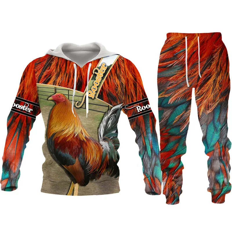 Conjunto de Sudadera con capucha y pantalones para hombre, chándal de camuflaje de caza de gallo, Sudadera con capucha y pantalones, jersey de moda con estampado 3D de animales de gallo, 2 piezas