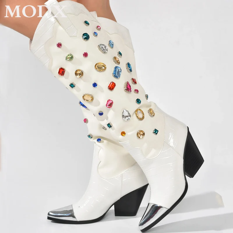 Winter Dikke Hak Puntige Teen Cowboy Western Laarzen Vrouwen Gemengde Kleur Strass Mode Slip-On Catwalk Kniehoge Laarzen Vrouw