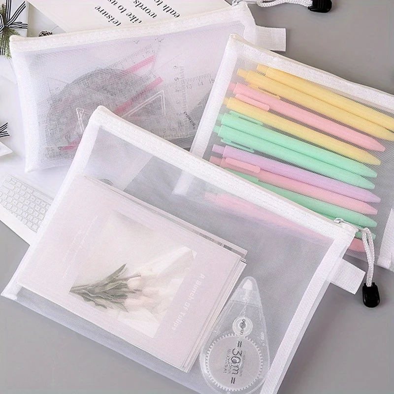 Multipurpose Mesh Zipper Pouch, A4/A5/A6 Sizes Available, Clear Nylon Storage Bags for School, Office, Travel, Cosmetics
