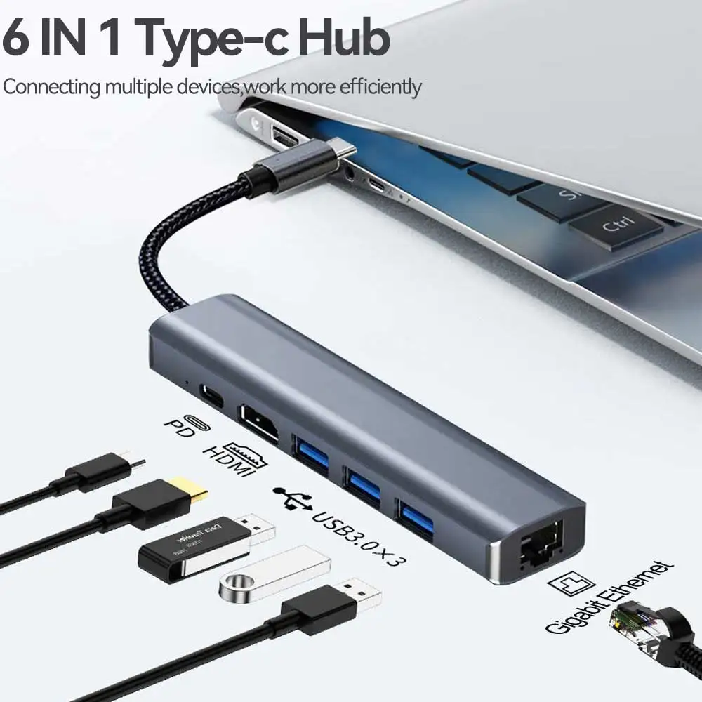 

Адаптер TEBE USB-C для Gigabit RJ45 Ethernet 6 в 1 Тип c до 4K 30 Гц HDMI-совместимый 3 * USB 3,0 PD быстрое зарядное устройство разветвитель