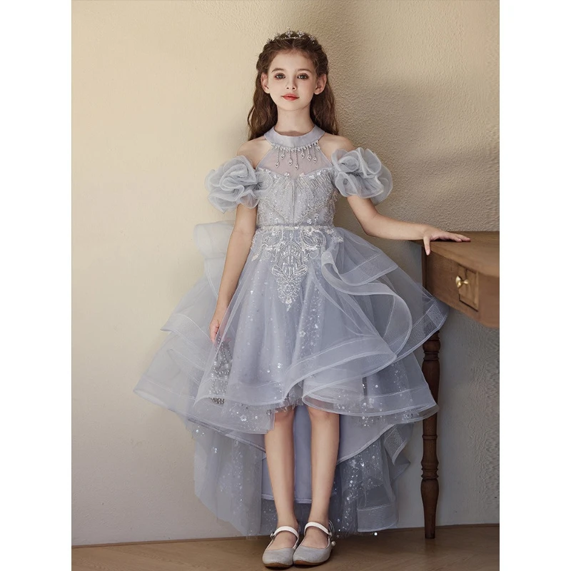 Children Girls Birthday Princess Dress Piano Performance Wedding Flower Girl Clothes Petal Sleeve Tassel Gown Host Kids Elegant