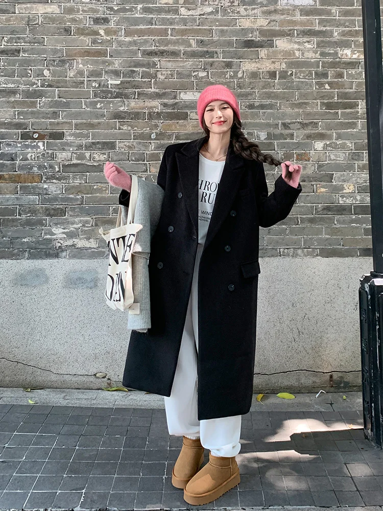 

Bla Woolen Coat Women's Double-Breasted Mid-Length Loose Hepburn Thi Tweed Winter New Sle Korean Sle Office Wear