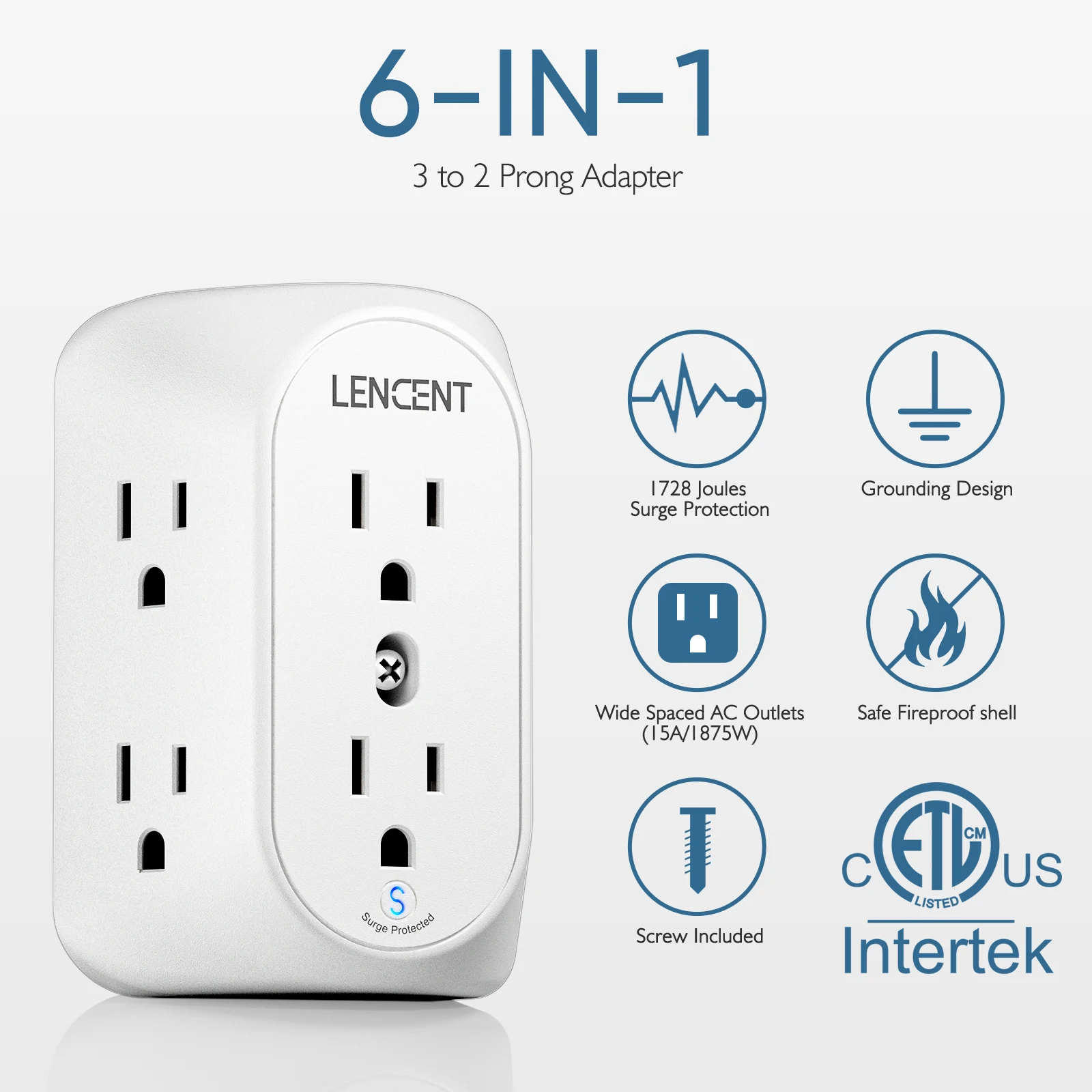 LENCENT3 to 2 Prong Grounding Outlet Adapter Polarized Plug Surge Protector Multi Plug Outlet Extender with 6 Outlets for Home