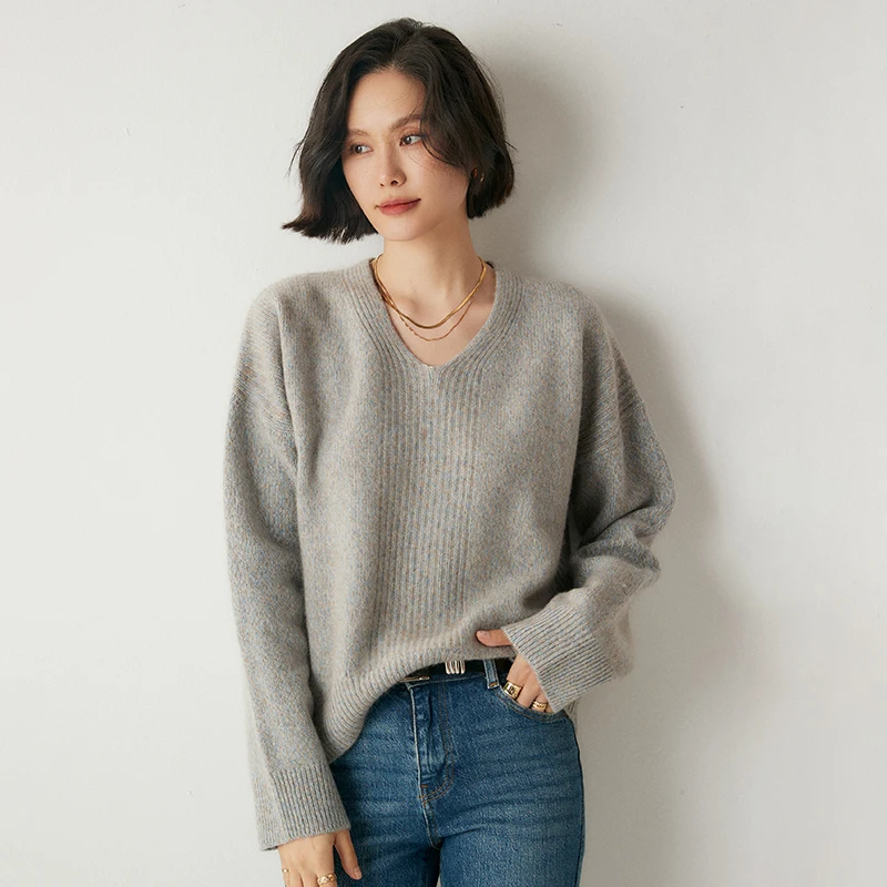 

Women 100% Cashmere Sweater Autumn Winter V-neck Floral yarn Pullover Basic Simple Long Sleeve Cashmere Knitwear Warm Clothing