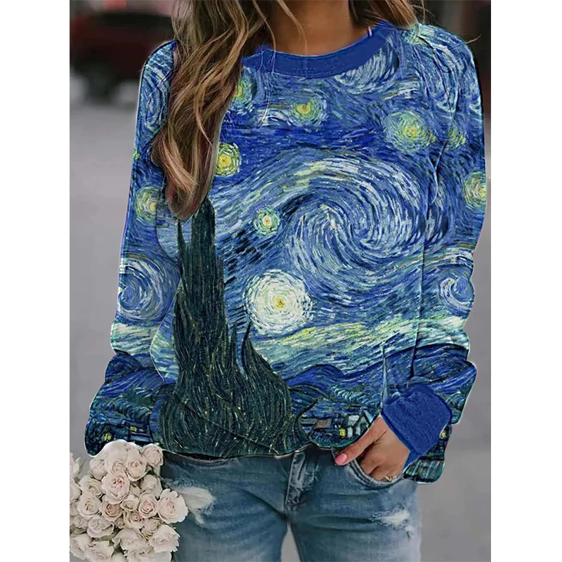 

Western Ethnic Vintag Hoodies Geometry Long Sleeve Printed Crew Neck Pullover Autumn Loose Tees for Women Ladies Sweatshirts