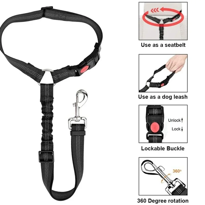 Reflective Dog Car Safety Belt, Adjustable Fixed Length Pet Seat Leash, 360° Rotating Metal Clip for Vehicle Travel - view 5