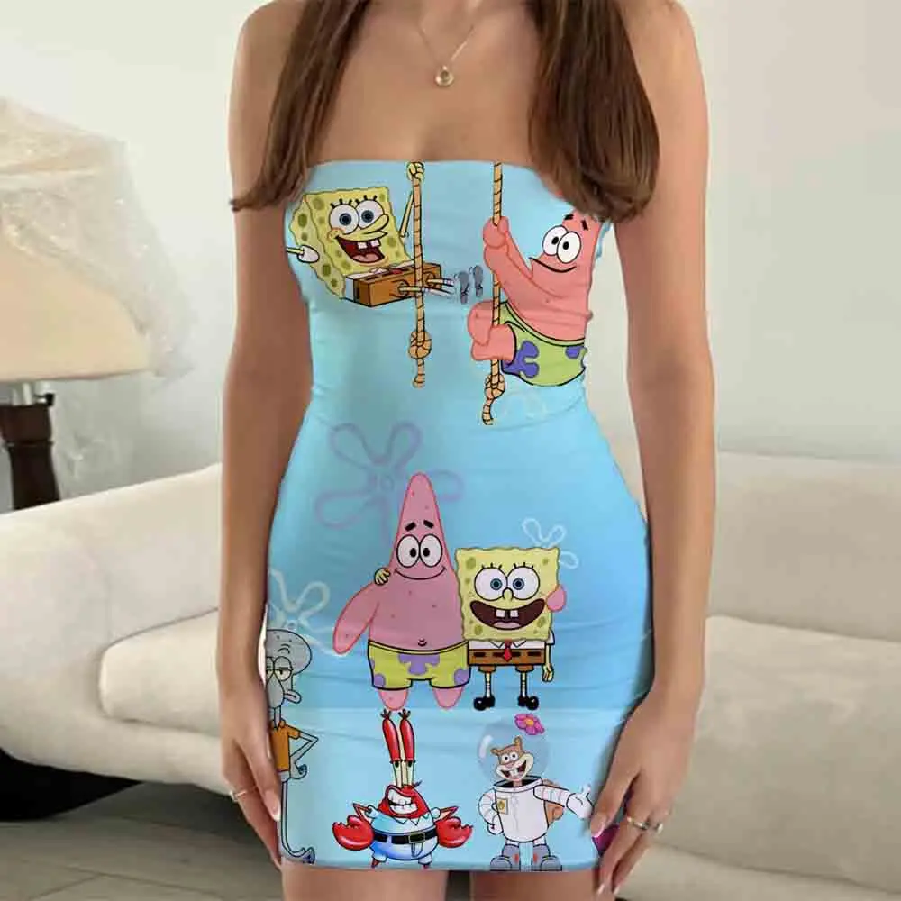 Bob Esponja desenho animado feminino, vestido padrão, top de tubo envolvente, roupa confortável, casual, elegante, novo, verão, 2024