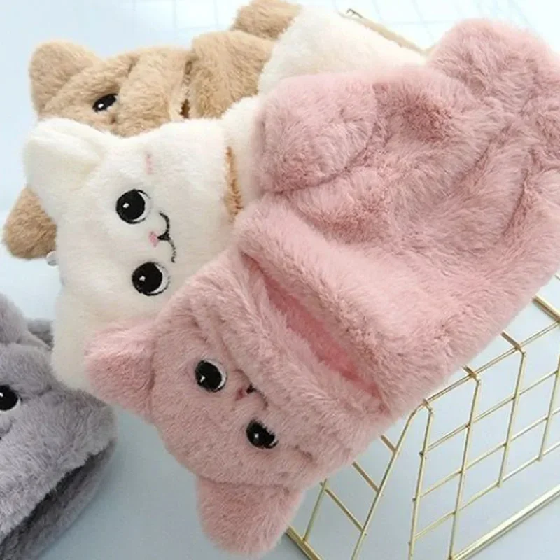 

5 Styles Cartoon Bear Cat Rabbit Gloves Fur Glove Winter Women Animal Ear Fold Plush Glove Women Fingerless Thicken Warm Mitten