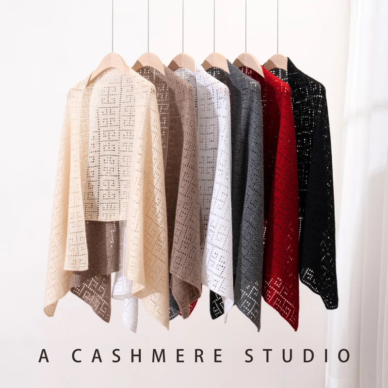 100% Pure Cashmere Knitted Shawl with Hollow Design for Women Thin Large Size Autumn Winter Scarf Versatile Wrap for Ladies