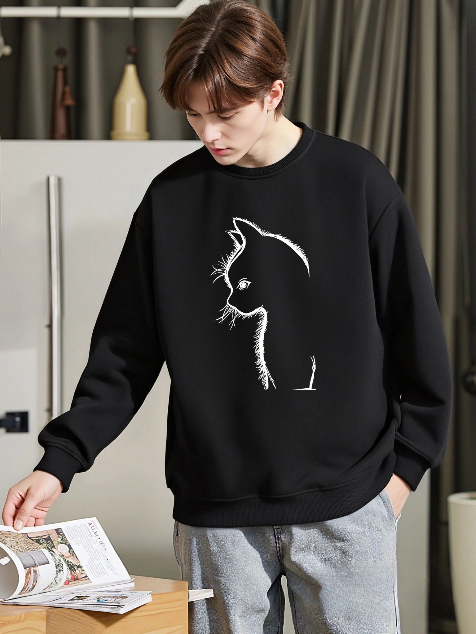 سترة رجالية فضفاضة أساسية مطبوعة على شكل قطة من Shadow بلوفرات غير رسمية من الصوف للخريف ملابس خروج مريحة للشارع بياقة دائرية مع قلنسوة للرجال #1