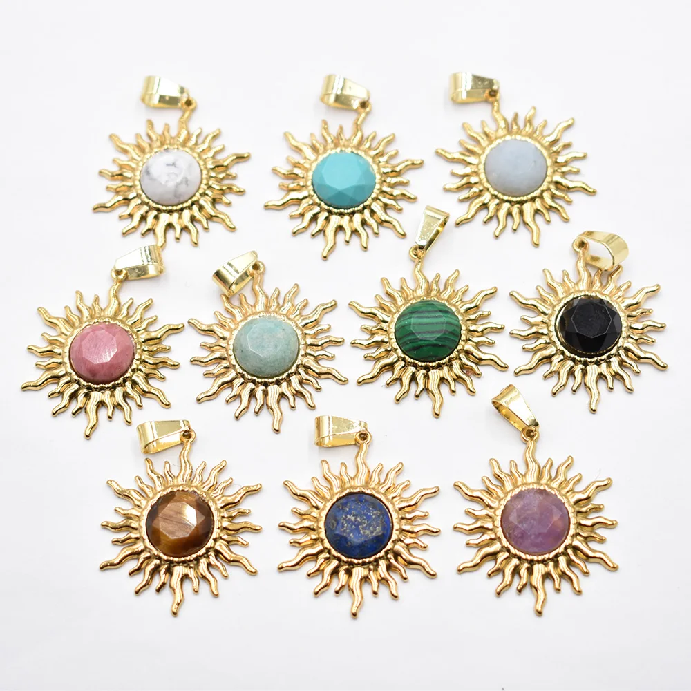 Wholesale 6pcs/lot fashion natural stone Amazonite Lapis Lazuli Sun flower Pendant for jewelry accessories marking free shipping