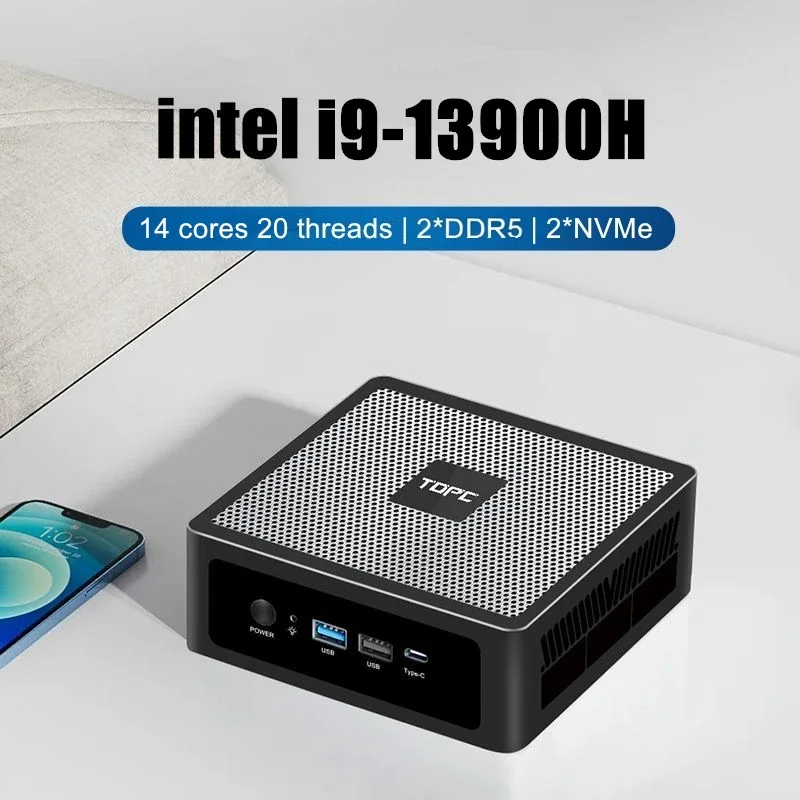 TOPC Mini PC Gamer, 13th Gen Intel Core I9-13900H/I7-13700H, 2xDDR5 RAM, 2xNVMe SSD, 2xLAN, Desktop Gaming Small Computer