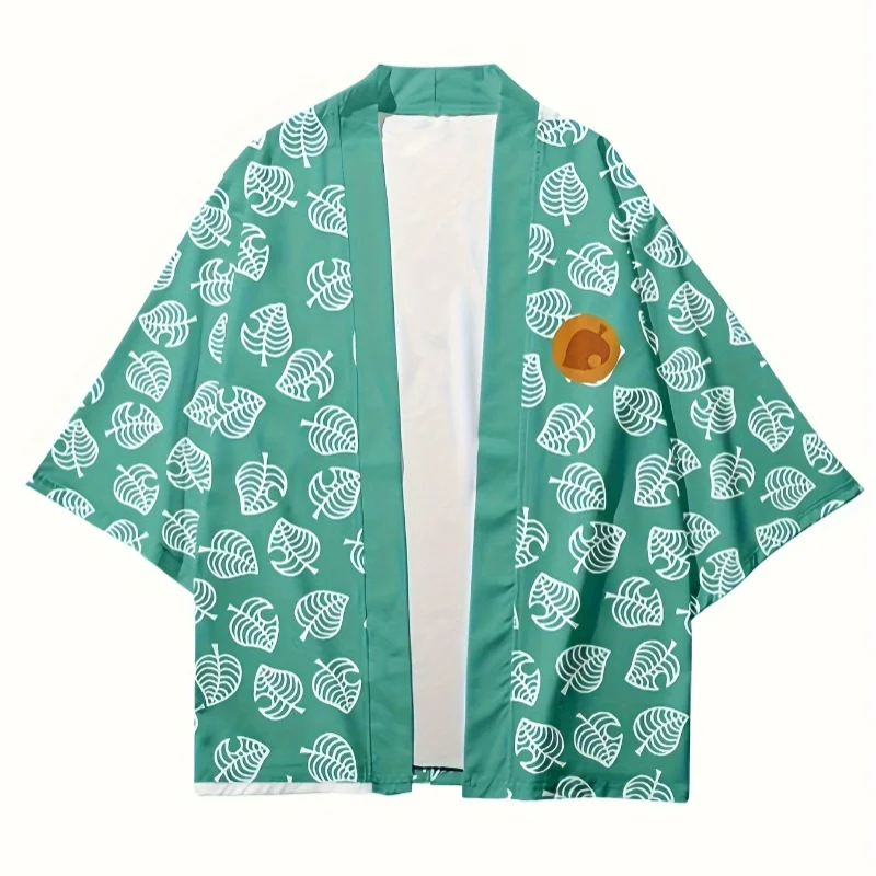 Men Leaf Pattern Kimono Cardigan Open Front Haori 3/4 Sleeve Loose Casual Streetwear Cosplay Outerwear Tops