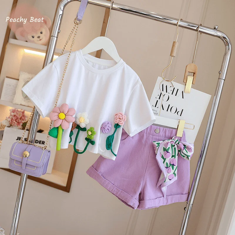 

Fashion Baby Girl Princess Clothes Set Tops+Shorts 2PCS Infant Toddle Child Flower Short Sleeve Outfits Baby Clothing Suit 2-10Y