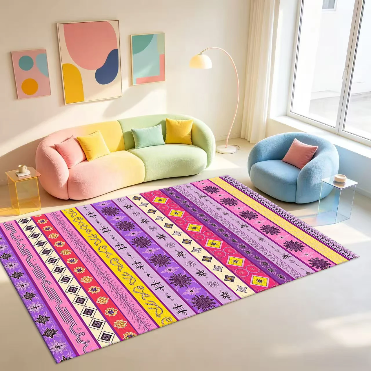 Vibrant Boho Vertical Striped Ethnic Carpet Flooring Vintage Folk Pattern Area Rug For Living Room Indoor Home Floor Cover
