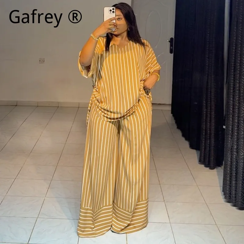 

S M L XL 2XL Women Casual V-Neck Striped Short Sleeve Top Wide Leg Pants Set Loose Fit Summer Two Piece Co-ord Lazy Chic Outfit