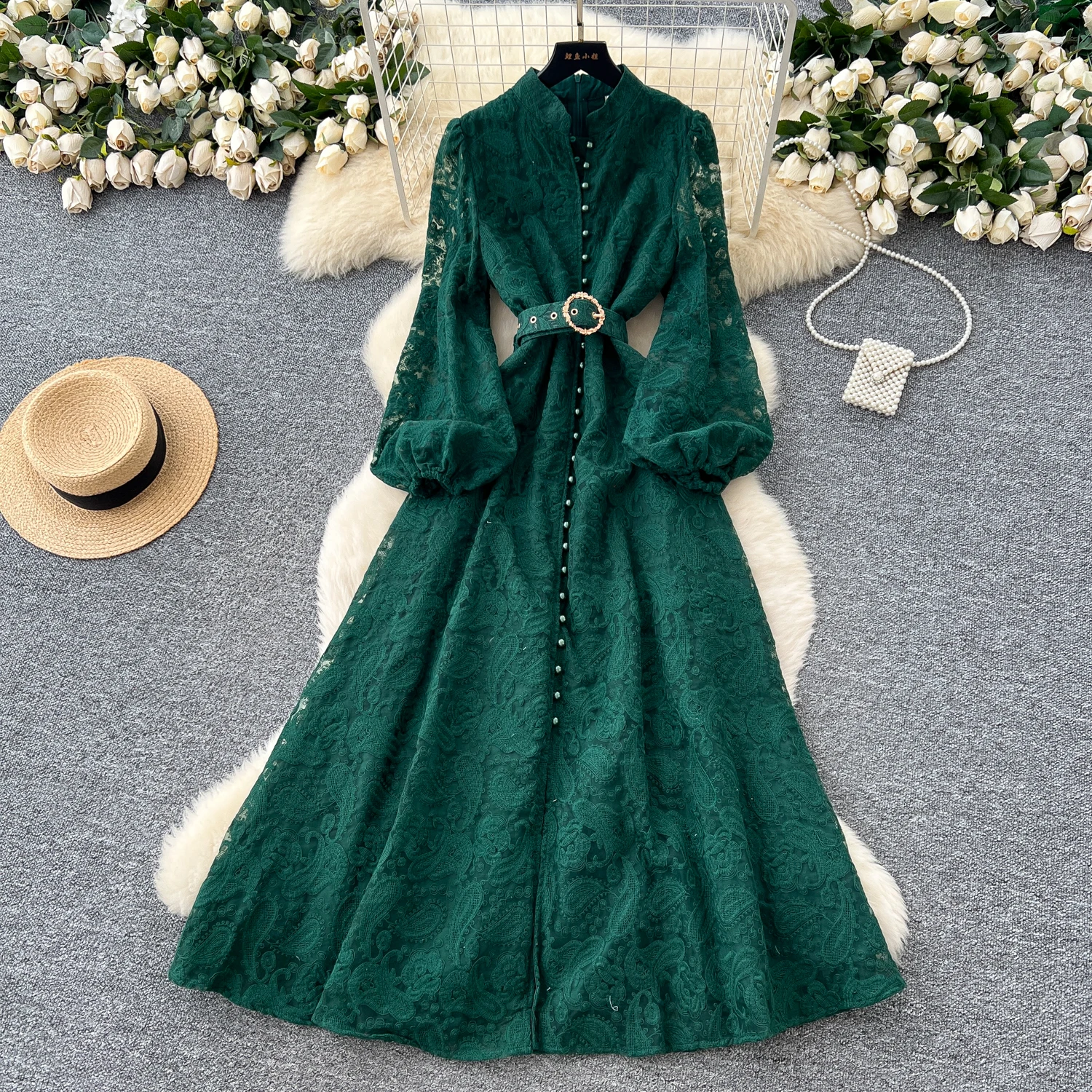 Embroidery Formal Evening Lace Dress New Women Single Breasted Crystal Belt Crochet Long Sleeve Maxi Dresses Prom Party Vestidos