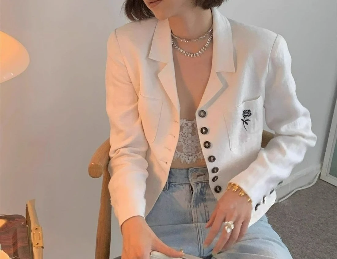 Short Small Suit Spring and Autumn New Thin White Casual Blazer Women's Top