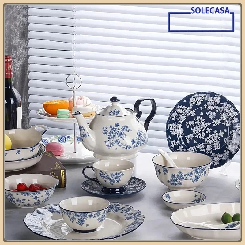 SOLECASA English Retro Ceramic Tableware Blue Flowers Pattern Household Salad Bowls Steak Plate Fruit Dessert Plates Dinnerware
