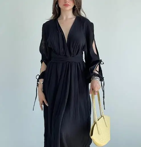 

Women's Fashion Elegant Dresses Autumn New Solid Color Long Split Sleeve V-Neck Multi Strap High Waist Casual Dress for Women