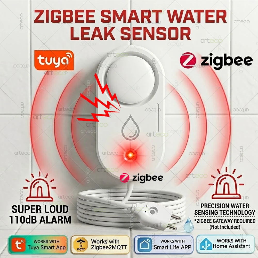 Zigbee Smart Water Leak Sensor Sound Alarm System,with Probe,Overflow Flood Leak Detector Smart Home Automation Support Tuya Z2M