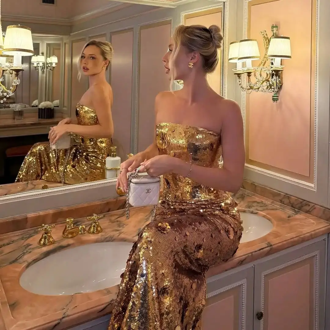 

Ofherown Sequins Appliques Prom Dresses Elegant Strapless Mermaid Evening Gowns vestidos de fiesta for Wedding Party Customized