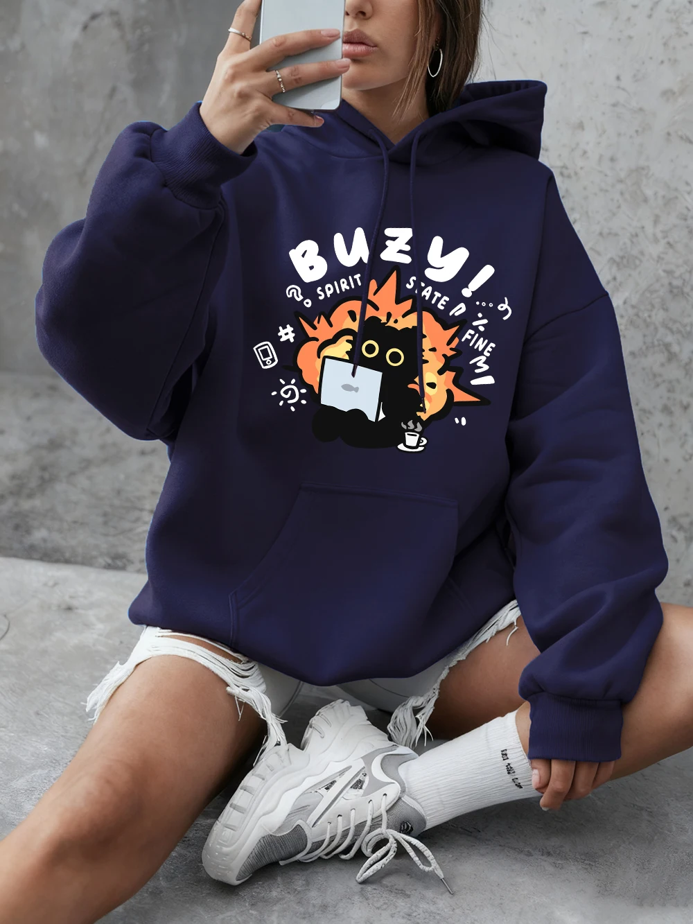 

Толстовка с принтом кота Busy Spirit State, женская повседневная свободная толстовка, зимняя флисовая теплая одежда, базовый удобный пуловер с круглым вырезом