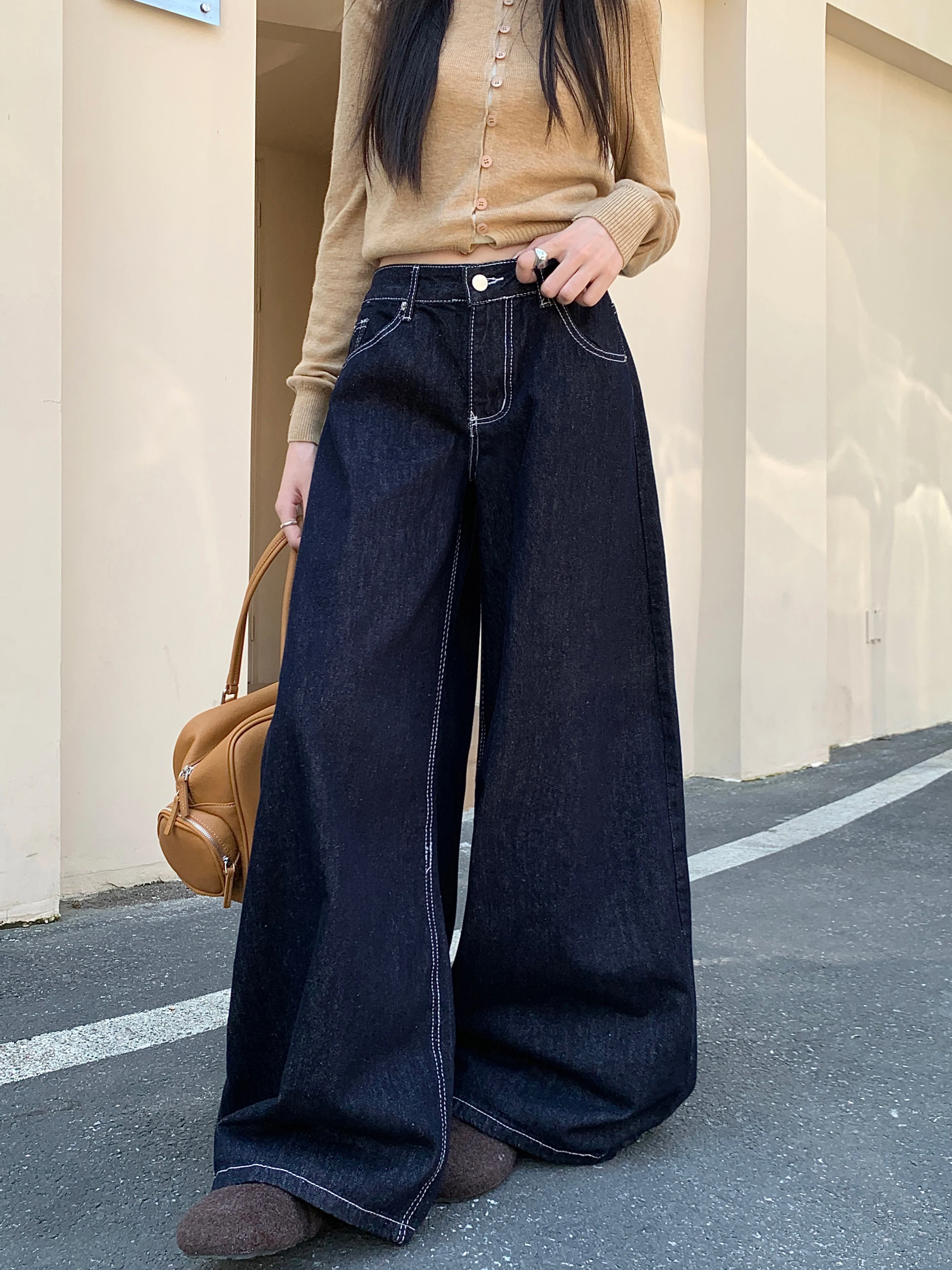 FIGOHR Vintage Embroidered Denim Color Jeans Women High Waist Straight Loose Wide Leg Pants spring summer 2025