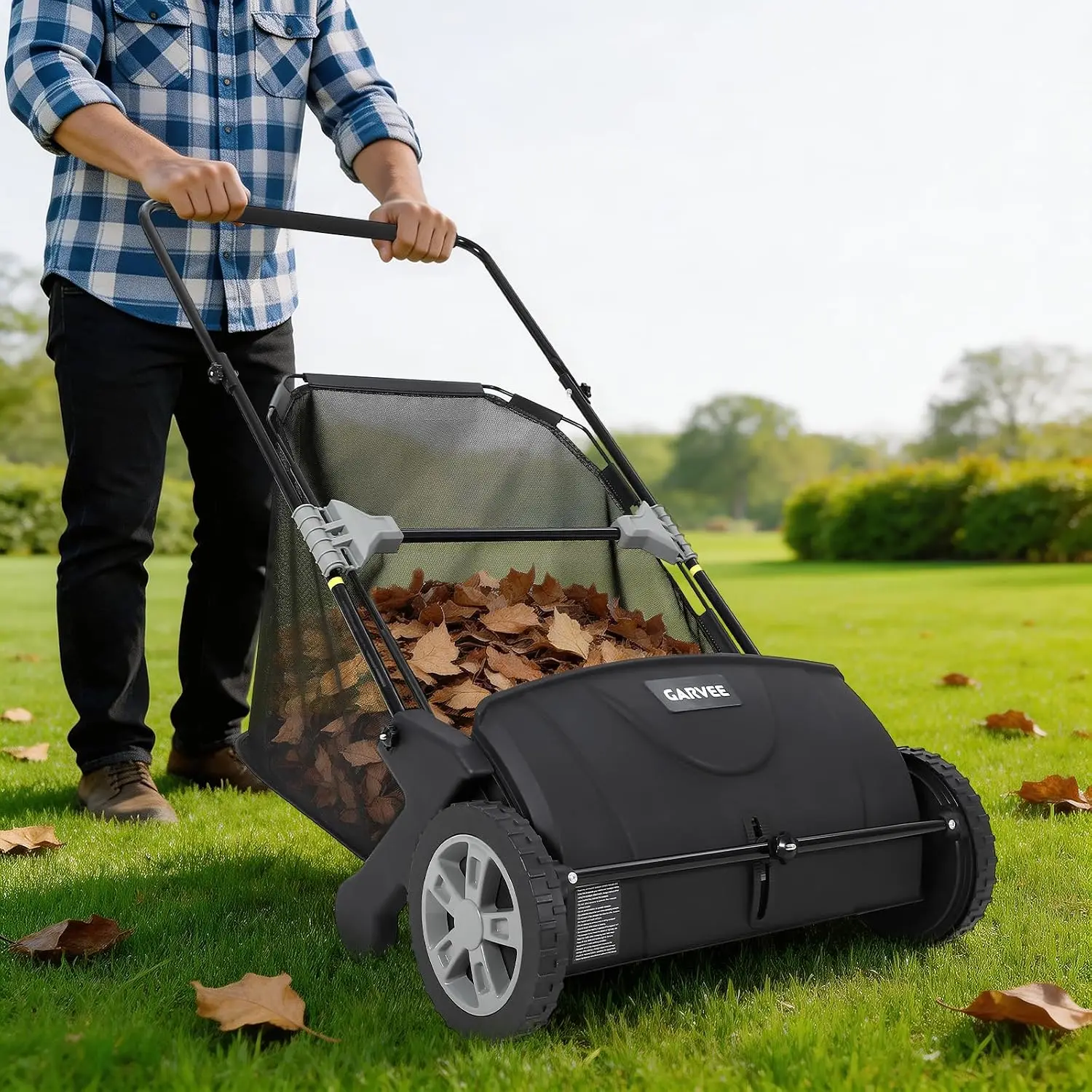 21 Inch Push Lawn Sweeper, Heavy Duty Leaf Collector with Dual Spinning Brushes 3.5 Cu. ft. Mesh Bag, Adjustable Height, Walk Behind Grass Sweeper for Leaves, Pine Needles & Yard Debris