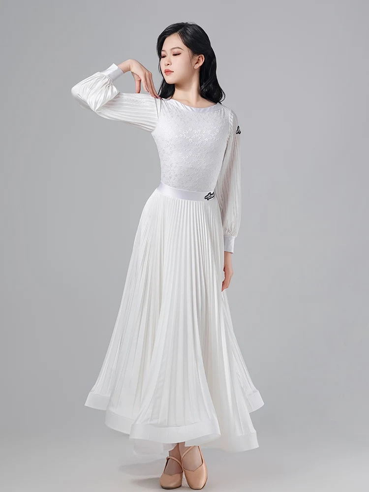 2024 Children Modern Dance Dress For Girls White Long Sleeved Waltz Skirt Suit Chacha Ballroom Dance Performance Wear DQS16950