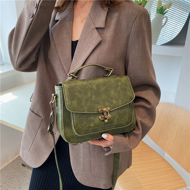 Small Retro Women\'s Flap Bag PU Leather Lock Vintage Brown Crossbody Bag Solid Color Casual Shoulder Messenger Bag MD0254