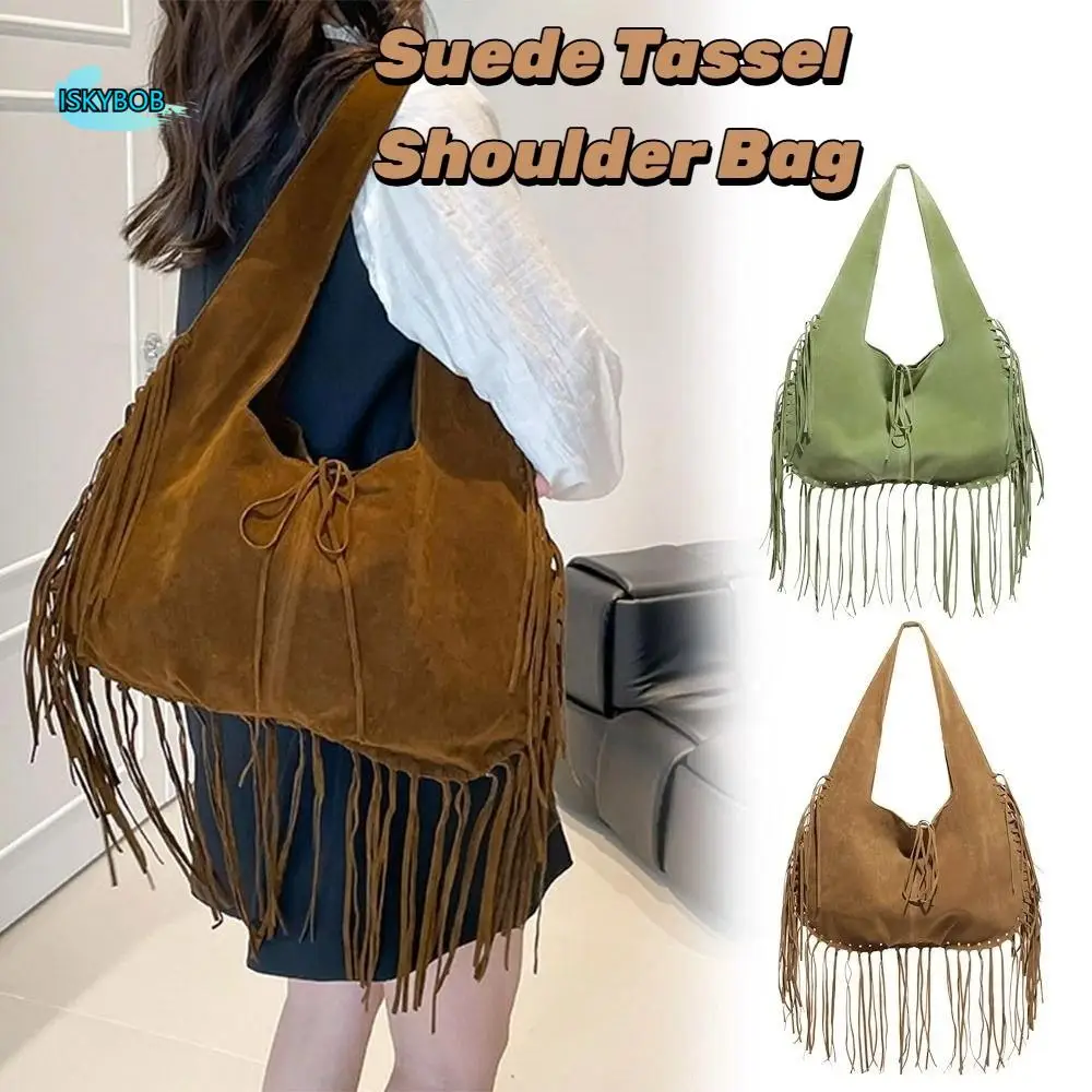 

Fashion Korean Style Tassel Shoulder Bag Tote Bag PU Leather Suede Handbag Large Capacity Solid Color Underarm Packs Girls