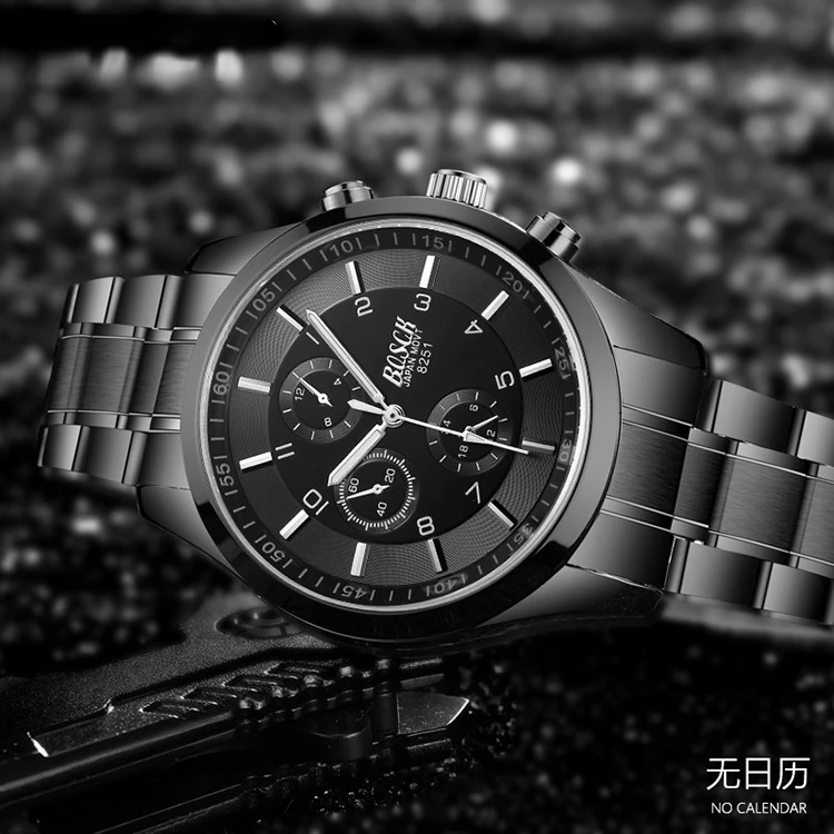 Ultra-thin Men's Black Gold Steel Band Sports Luminous Waterproof Three Eye Imitation Six Needle Black Watch Quartz Watch