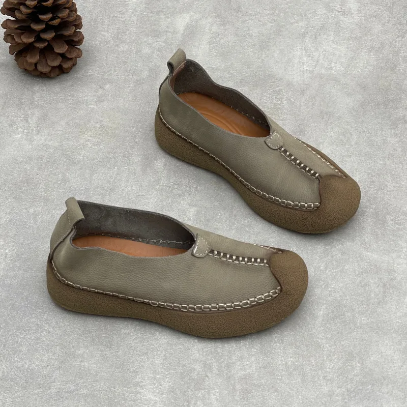 

Vintage Handmade Genuine Leather Women Flats Soft Sole Soft Surface Stitched Cow Leather Shoes