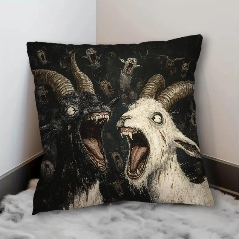 1PC Throw Pillow Cover,Black White Goat Demon Print,Dark Gothic Style,For Sofa Bedroom Couch Home Decor